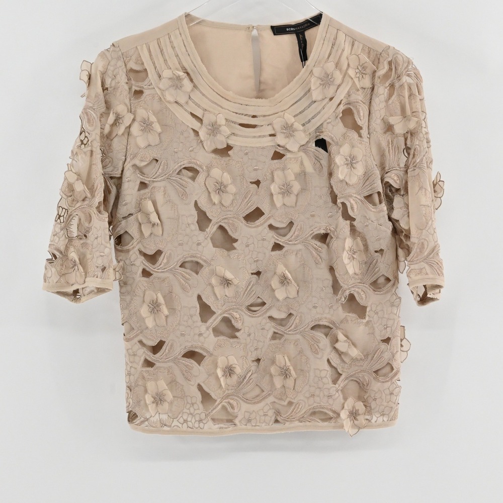 BCBGMAXAZRIA Tonia Floral Lace Top Womens Size S Beige Silk Cotton Boho Applique